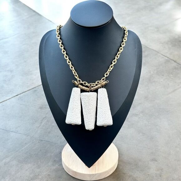 Brutalist Modernist Gold Chain Necklace Sculptural White Abstract Pendant Vtg - Picture 1 of 5